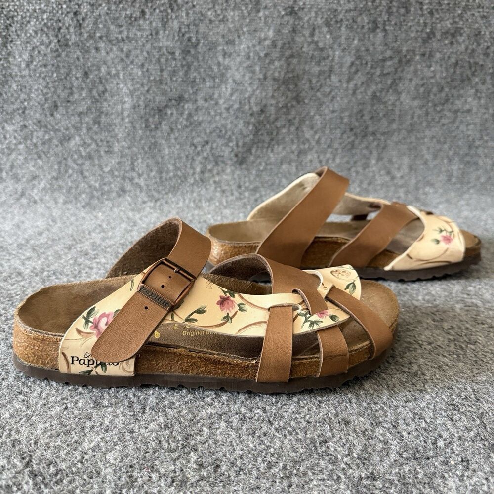 Papillio by Birkenstock Pisa Floral Sandals Brown Tan Strappy Cork Slides 7 - Picture 3 of 9